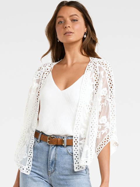 

Forever New Women White Self Design Semi Sheer Open Front Shrug