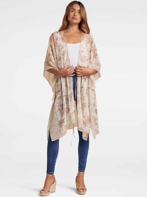 

Forever New Women Off-White & Peach-Coloured Printed Tie-Up Shrug