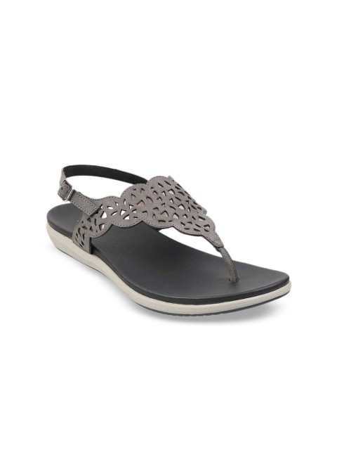 

Mochi Women Grey Solid T-Strap Flats with Laser Cut Detail