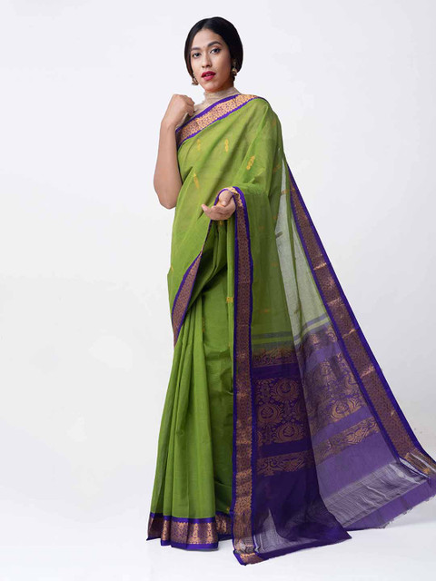 

Unnati Silks Green & Purple Pure Cotton Woven Design Saree
