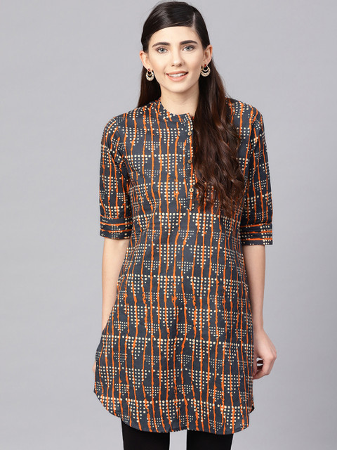 

Varanga Women's Charcoal Grey & Orange Printed Tunic
