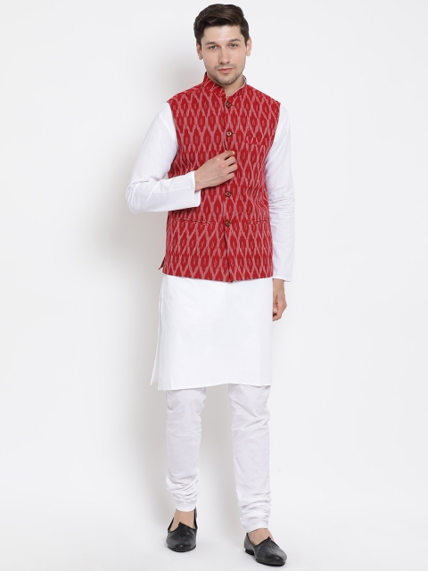 

VASTRAMAY Men White & Maroon Solid Kurta Set