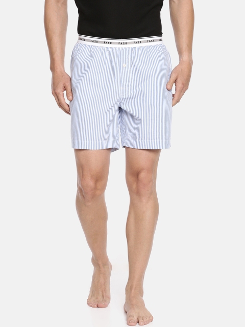 

F A S O Men White & Blue Striped Organic Pure Cotton Boxers