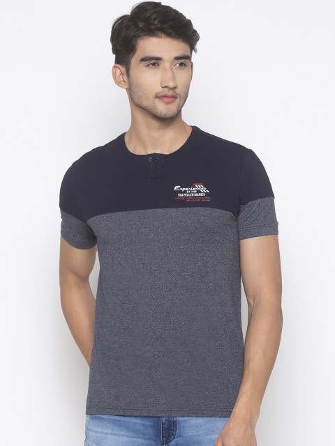 

Globus Men Navy Blue Colourblocked Henley Neck T-shirt