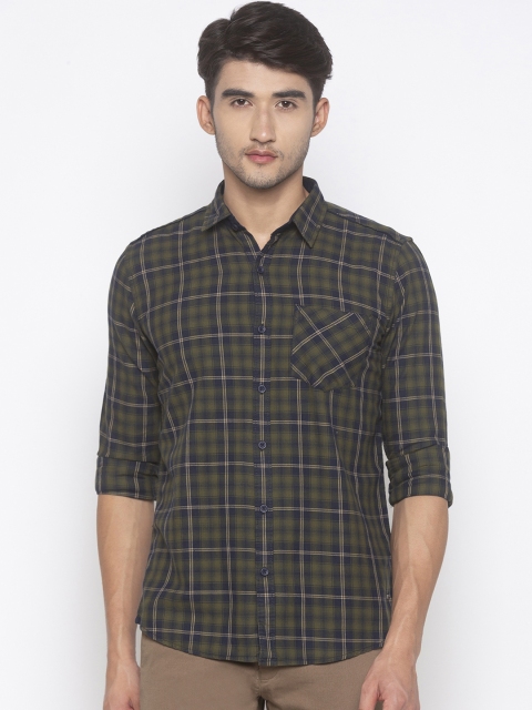 

Globus Men Olive Green & Black Regular Fit Checked Casual Shirt