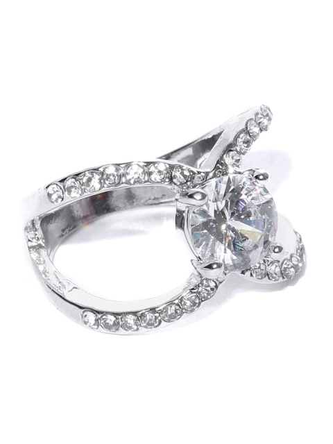 

OOMPH Silver-Plated & White CZ-Studded Solitaire Finger Ring