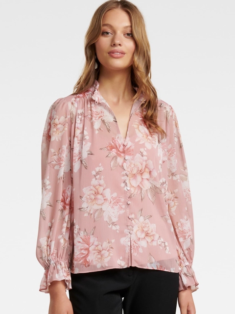 

Forever New Women Pink & Off-White Printed Shirt Style Top