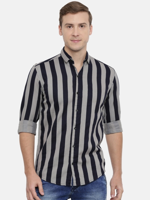 

CINOCCI Men Grey & Navy Blue Slim Fit Striped Casual Shirt
