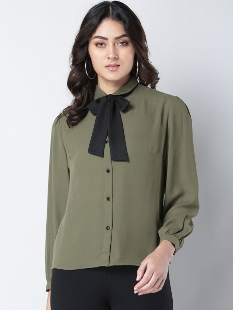 

FabAlley Women Olive Green Solid Shirt Style Top