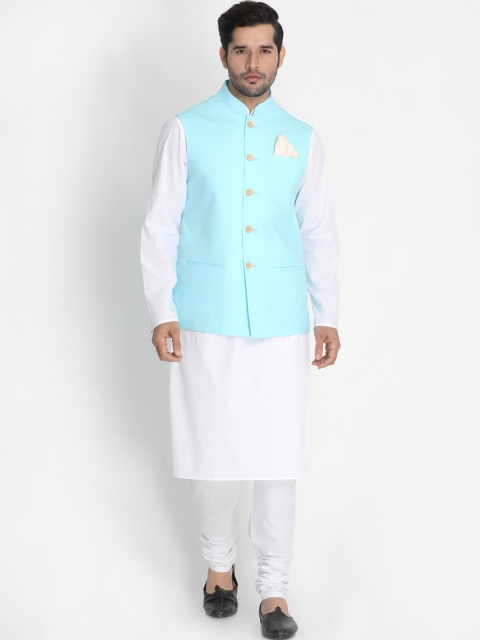 

VASTRAMAY Men White & Turquoise Blue Solid Kurta Set