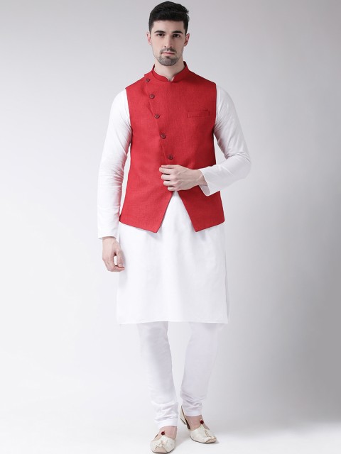 

TABARD Men White & Red Solid Kurta Set with Nehru Jacket