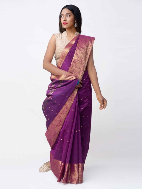 

Unnati Silks Purple & Gold-Toned Silk Cotton Woven Design Saree