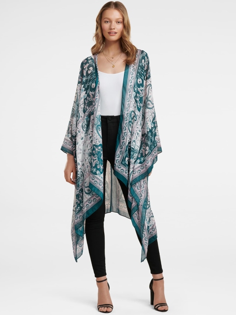

Forever New Women Teal Green & Peach-Coloured Printed Open Front Shrug