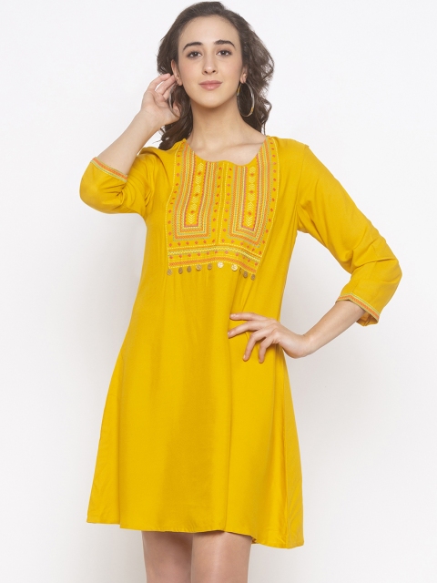 

Globus Women Mustard Yellow Embroidered A-Line Dress