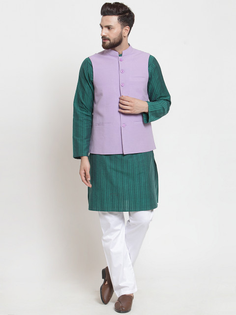 

NEUDIS Men Green & White Striped Kurta with Pyjamas