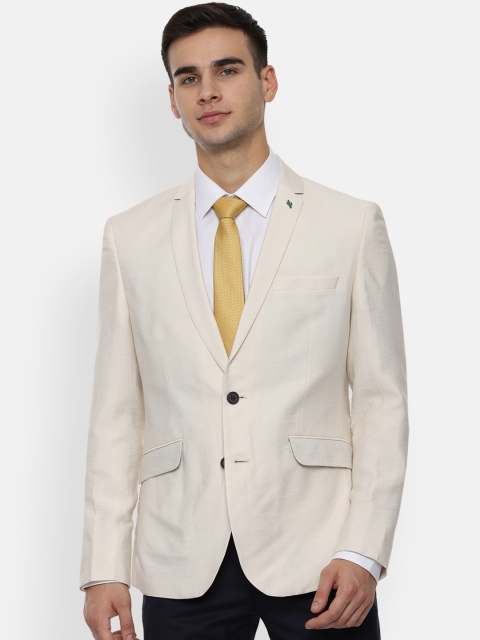

V Dot Men Cream-Coloured Solid Slim-Fit Single-Breasted Formal Blazer