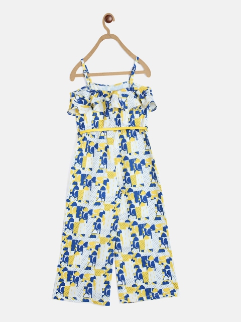 

ELLE Girls White & Blue Printed Basic Jumpsuit