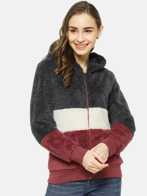 

Campus Sutra Women Blue & Red Colourblocked Hooded Bomber
