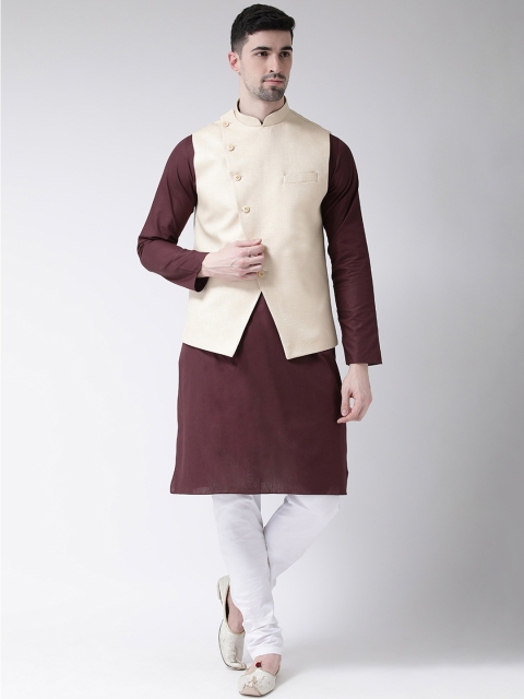 

TABARD Men Maroon & White Solid Kurta Set with Nehru Jacket