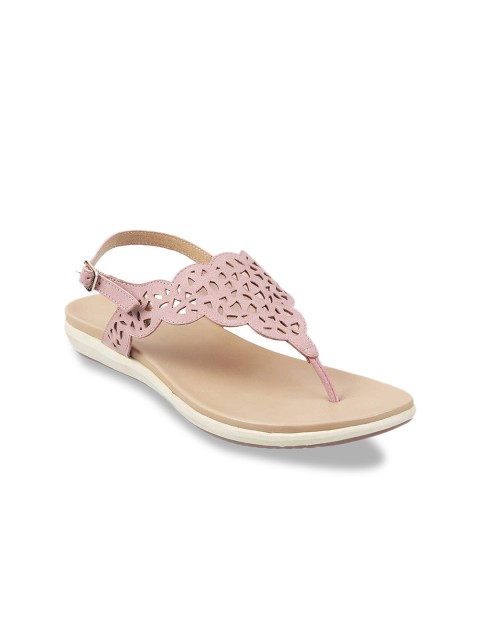

Mochi Women Pink Solid T-Strap Flats with Laser Cuts Detail