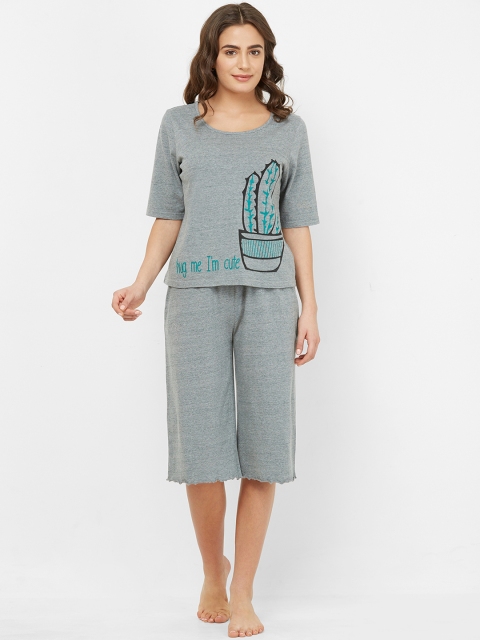 

Mystere Paris Women Grey Melange Printed Night suit