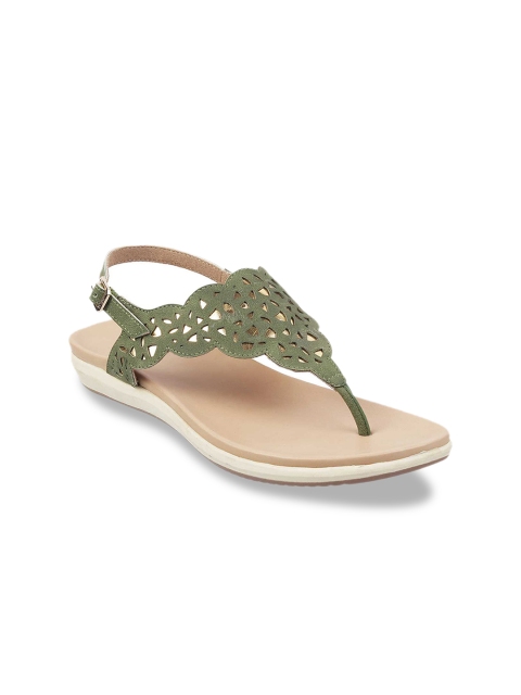 

Mochi Women Green Solid T-Strap Flats with Laser Cuts Detail