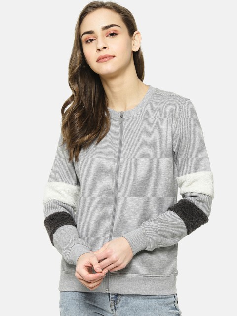 

Campus Sutra Women Grey & White Striped Bomber