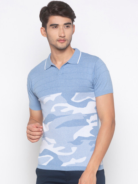

Globus Men Blue Printed Slim Fit Polo Collar T-shirt