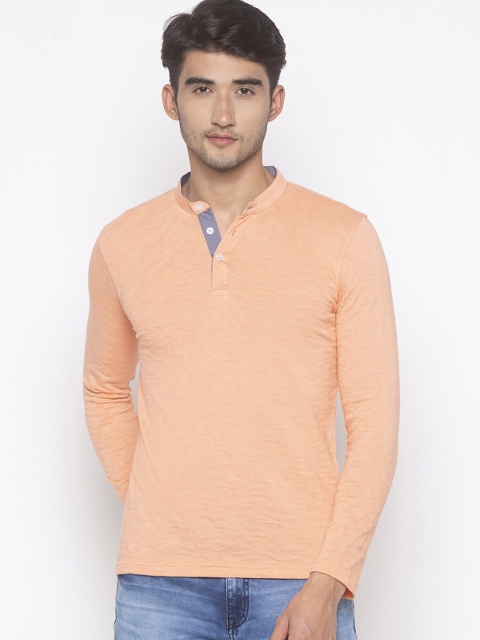 

Globus Men Peach-Coloured Self Design Mandarin Collar T-shirt