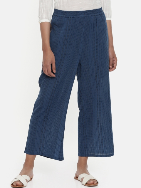 Chumbak Women Navy Blue Regular Fit Self Design Parallel Trousers