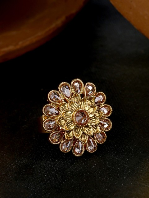 

Voylla Gold-Plated & Beige Stone-Studded Flower Finger Ring