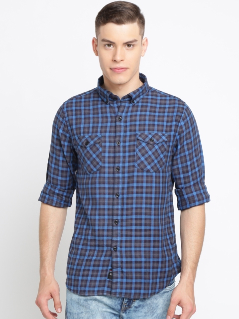 

TED HARBOR Men Blue & Grey Slim Fit Checked Casual Shirt