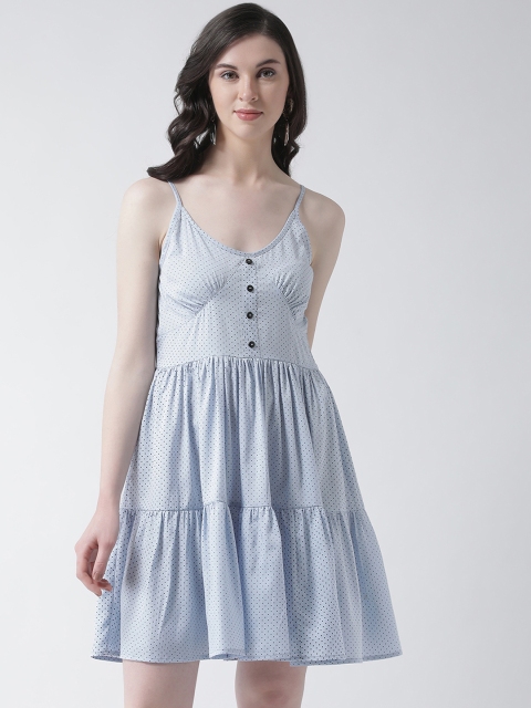 

Aayna Women Blue Printed Tiered Fit and Flare Dress