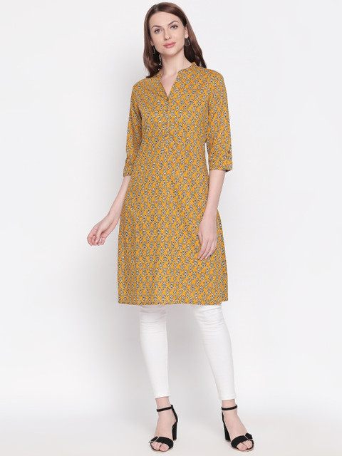 

RANGMANCH BY PANTALOONS Women Yellow & Off-White Printed Straight Kurta