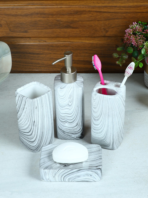 

House Of Accessories Set Of 4 White & Grey Printed Ceramic Bathroom Accessories
