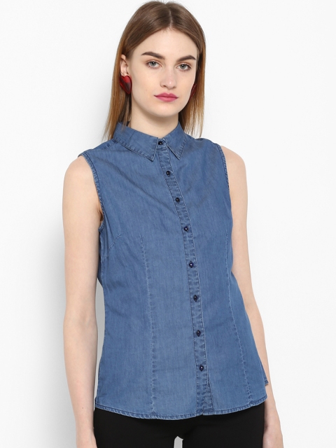 

FOSH Women Blue Slim Fit Solid Casual Shirt