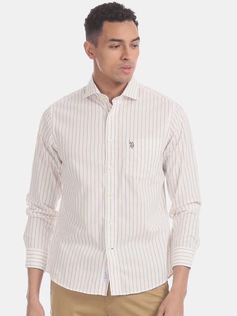 

U.S. Polo Assn. Men White & Beige Regular Fit Striped Casual Shirt