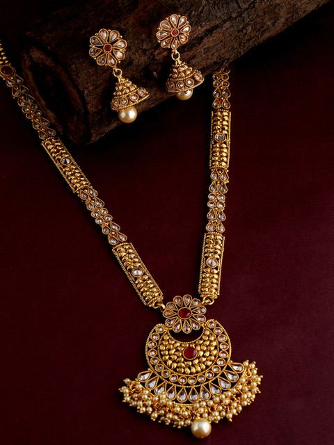 

Voylla Gold-Plated Red & White Stone-Studded Handcrafted Antique Inspired Jewellery Set
