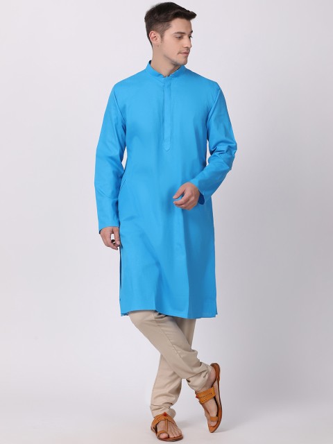

TABARD Men Turquoise Blue & Cream-Coloured Solid Kurta with Churidar