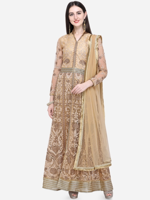 

Stylee LIFESTYLE Beige Net Semi-Stitched Dress Material