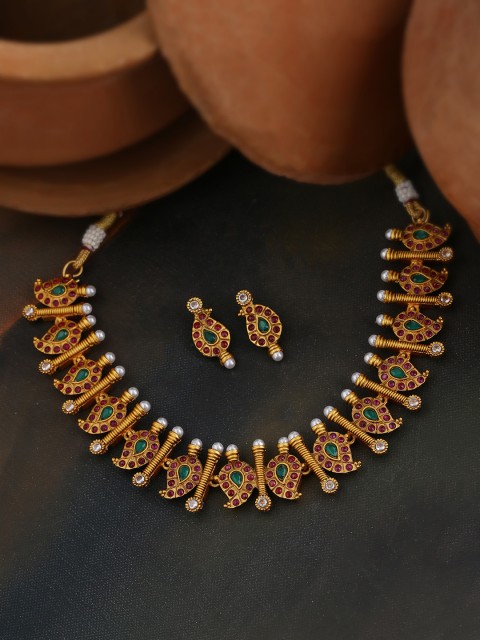 

Voylla Gold-Plated Pink & Green CZ-Studded Faux Pearl Embellished Enamelled Jewellery Set