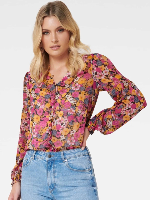 

Forever New Pink & Yellow Floral Print Bodysuit