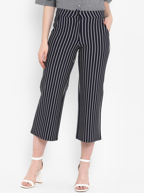 

FOSH Women Navy Blue & White Straight Fit Striped Regular Trousers