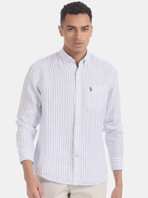 

U.S. Polo Assn. Men White & Blue Regular Fit Striped Pure Linen Casual Shirt
