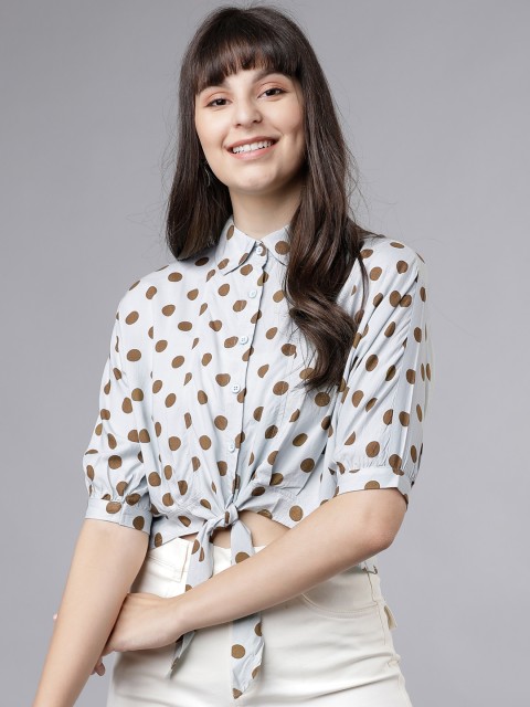 

Tokyo Talkies Women Blue & Brown Regular Fit Printed Crop Casual Shirt