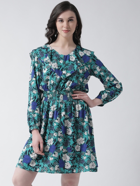 

Aayna Women Green & Blue Floral Printed Fit and Flare Dress