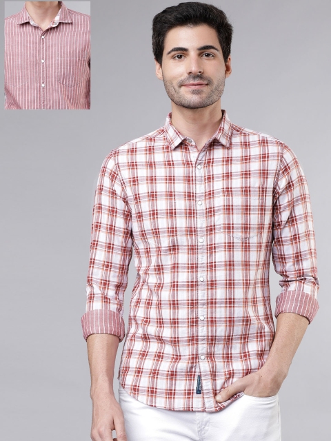 

HIGHLANDER Men White & Red Slim Fit Striped Reversible Casual Shirt