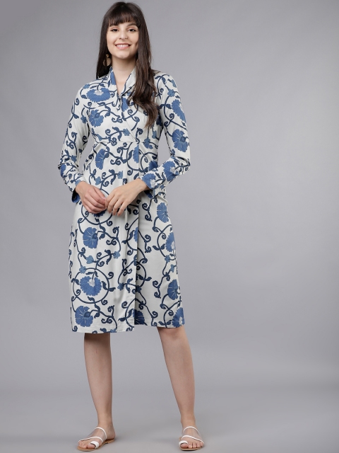 

Vishudh Women Grey & Blue Printed Wrap Dress