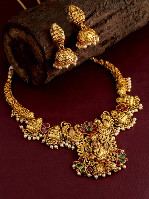 

Voylla Gold-Plated Red & Green Stone-Studded Handcrafted Jewellery Set
