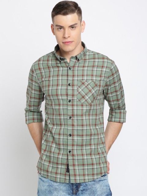 

TED HARBOR Men Green & Brown Slim Fit Checked Casual Shirt